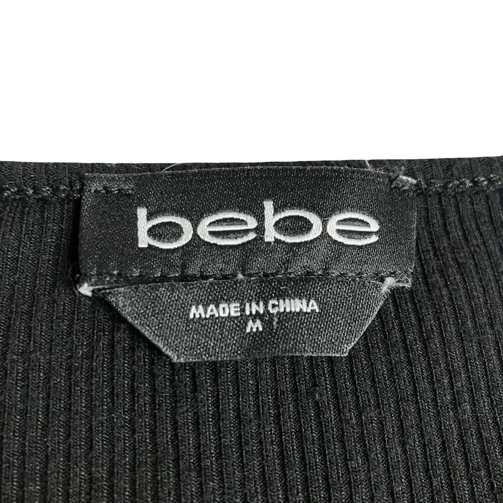 Bebe Top Womens M Black McBling Rhinestone Y2K Logo Stretch Ribbed Short Sleeve - Picture 5 of 10